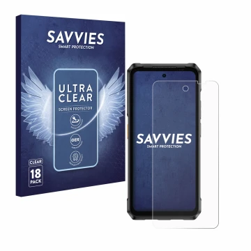 Parte frontal de un envase de producto con el logotipo de la marca Savvies. Al lado se muestra el dispositivo Ulefone Armor 26