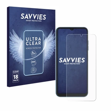 Parte frontal de un envase de producto con el logotipo de la marca Savvies. Al lado se muestra el dispositivo Hotwav Note 13 c