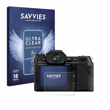 Parte frontal de un envase de producto con el logotipo de la marca Savvies. Al lado se muestra el dispositivo Fujifilm GFX100S