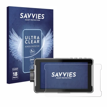 Parte frontal de un envase de producto con el logotipo de la marca Savvies. Al lado se muestra el dispositivo Viltrox DC-550 P