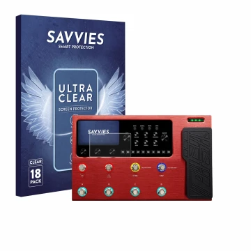 Parte frontal de un envase de producto con el logotipo de la marca Savvies. Al lado se muestra el dispositivo Valeton GP-200R 