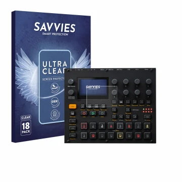 Parte frontal de un envase de producto con el logotipo de la marca Savvies. Al lado se muestra el dispositivo Elektron Digitak