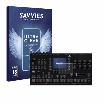 Parte frontal de un envase de producto con el logotipo de la marca Savvies. Al lado se muestra el dispositivo Elektron Octatra