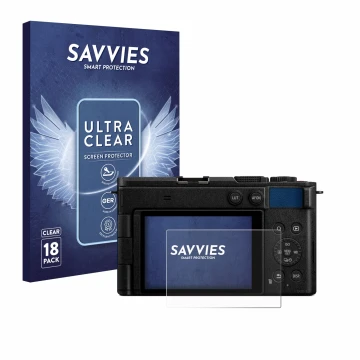 Parte frontal de un envase de producto con el logotipo de la marca Savvies. Al lado se muestra el dispositivo Panasonic Lumix 