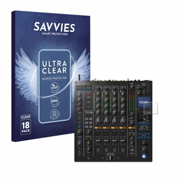 Parte frontal de un envase de producto con el logotipo de la marca Savvies. Al lado se muestra el dispositivo Pioneer DJM A9 c