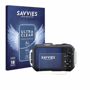 Parte frontal de un envase de producto con el logotipo de la marca Savvies. Al lado se muestra el dispositivo Ricoh Pentax WG-