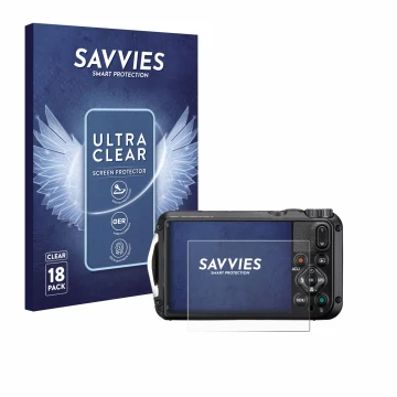 Parte frontal de un envase de producto con el logotipo de la marca Savvies. Al lado se muestra el dispositivo Ricoh Pentax WG-