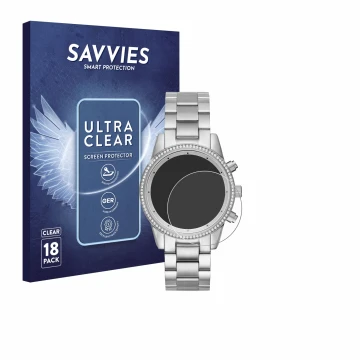 Parte frontal de un envase de producto con el logotipo de la marca Savvies. Al lado se muestra el dispositivo Michael Kors Rit