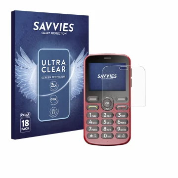 Parte frontal de un envase de producto con el logotipo de la marca Savvies. Al lado se muestra el dispositivo Doro 1880 con su