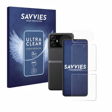Parte frontal de un envase de producto con el logotipo de la marca Savvies. Al lado se muestra el dispositivo Blackview Hero 1