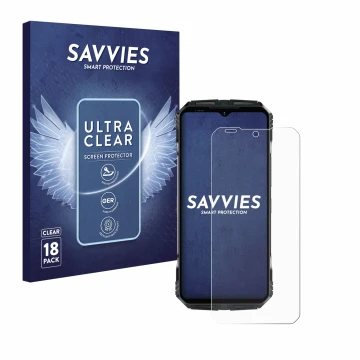 Parte frontal de un envase de producto con el logotipo de la marca Savvies. Al lado se muestra el dispositivo Doogee S118 con 