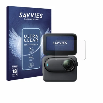 Parte frontal de un envase de producto con el logotipo de la marca Savvies. Al lado se muestra el dispositivo Insta360 Go 3S c