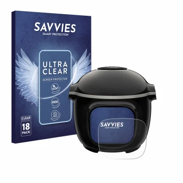 Parte frontal de un envase de producto con el logotipo de la marca Savvies. Al lado se muestra el dispositivo Moulinex Cookeo 