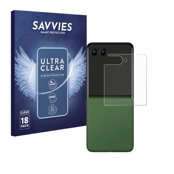 Parte frontal de un envase de producto con el logotipo de la marca Savvies. Al lado se muestra el dispositivo Motorola Razr 50