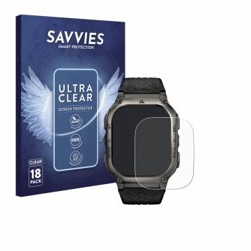 Parte frontal de un envase de producto con el logotipo de la marca Savvies. Al lado se muestra el dispositivo Kospet Tank M3 c