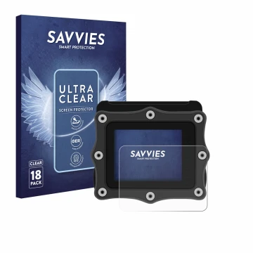 Parte frontal de un envase de producto con el logotipo de la marca Savvies. Al lado se muestra el dispositivo Shearwater Perdi