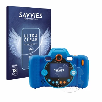 Parte frontal de un envase de producto con el logotipo de la marca Savvies. Al lado se muestra el dispositivo Vtech Kidizoom D