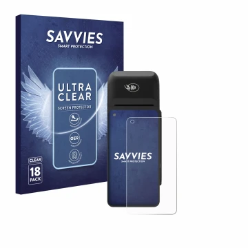 Parte frontal de un envase de producto con el logotipo de la marca Savvies. Al lado se muestra el dispositivo Verifone T650c c