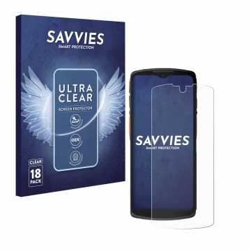 Parte frontal de un envase de producto con el logotipo de la marca Savvies. Al lado se muestra el dispositivo Urovo DT66 con s