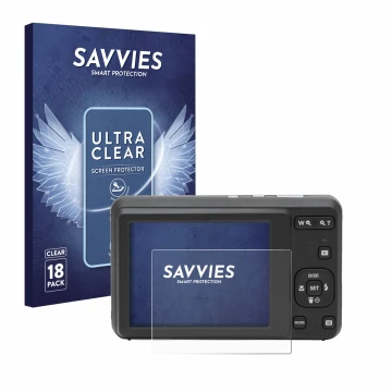 Parte frontal de un envase de producto con el logotipo de la marca Savvies. Al lado se muestra el dispositivo Kodak Pixpro FZ5