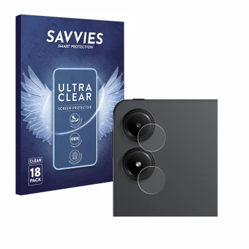 Parte frontal de un envase de producto con el logotipo de la marca Savvies. Al lado se muestra el dispositivo Xiaomi Redmi Pad