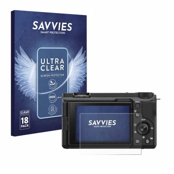 Parte frontal de un envase de producto con el logotipo de la marca Savvies. Al lado se muestra el dispositivo Sony Alpha ZV-E1