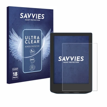 Parte frontal de un envase de producto con el logotipo de la marca Savvies. Al lado se muestra el dispositivo PocketBook Verse