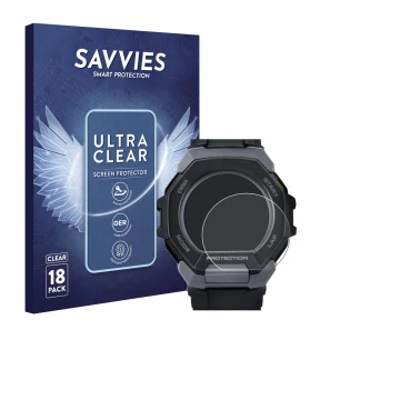 Parte frontal de un envase de producto con el logotipo de la marca Savvies. Al lado se muestra el dispositivo Casio G-Shock G-