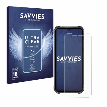 Parte frontal de un envase de producto con el logotipo de la marca Savvies. Al lado se muestra el dispositivo Oukitel WP28E co