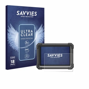 Parte frontal de un envase de producto con el logotipo de la marca Savvies. Al lado se muestra el dispositivo Launch X-431 Pro