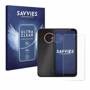 Parte frontal de un envase de producto con el logotipo de la marca Savvies. Al lado se muestra el dispositivo Gigaset GX4 Pro 