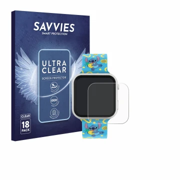 Parte frontal de un envase de producto con el logotipo de la marca Savvies. Al lado se muestra el dispositivo Disney Stitch LA