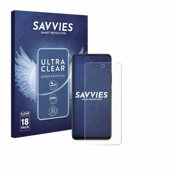 Parte frontal de un envase de producto con el logotipo de la marca Savvies. Al lado se muestra el dispositivo ZTE Blade A75 5G