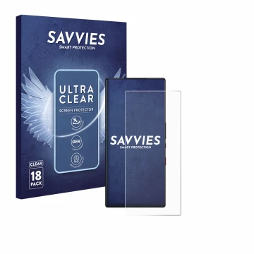 Parte frontal de un envase de producto con el logotipo de la marca Savvies. Al lado se muestra el dispositivo ZTE Nubia Red Ma