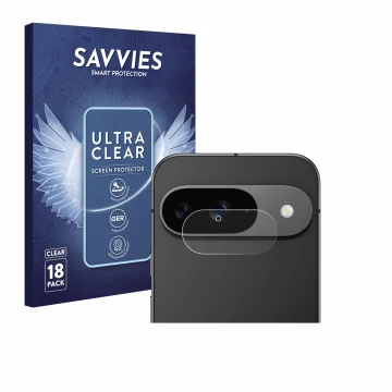 Parte frontal de un envase de producto con el logotipo de la marca Savvies. Al lado se muestra el dispositivo Google Pixel 9 (