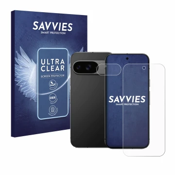 Parte frontal de un envase de producto con el logotipo de la marca Savvies. Al lado se muestra el dispositivo Google Pixel 9 (