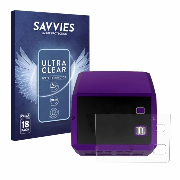 Parte frontal de un envase de producto con el logotipo de la marca Savvies. Al lado se muestra el dispositivo SkyRc Q200 neo c