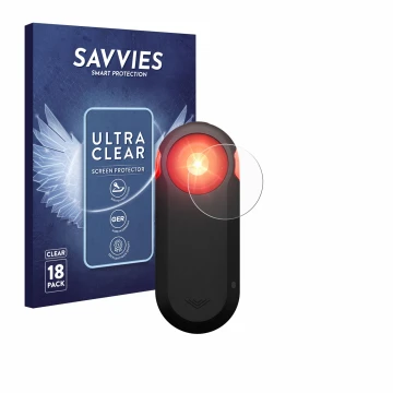 Parte frontal de un envase de producto con el logotipo de la marca Savvies. Al lado se muestra el dispositivo Garmin Varia RTL