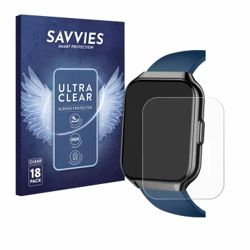 Parte frontal de un envase de producto con el logotipo de la marca Savvies. Al lado se muestra el dispositivo QCOQ P98 1.96
