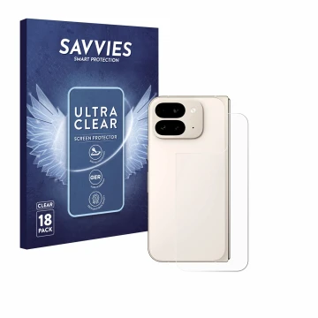 Parte frontal de un envase de producto con el logotipo de la marca Savvies. Al lado se muestra el dispositivo Google Pixel 9 P