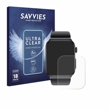 Parte frontal de un envase de producto con el logotipo de la marca Savvies. Al lado se muestra el dispositivo andoer Smartwatc