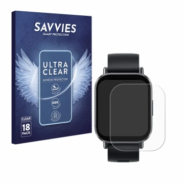 Parte frontal de un envase de producto con el logotipo de la marca Savvies. Al lado se muestra el dispositivo Xiaomi Redmi Wat