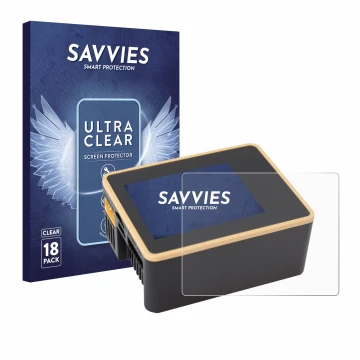 Parte frontal de un envase de producto con el logotipo de la marca Savvies. Al lado se muestra el dispositivo Junsi iCharger X