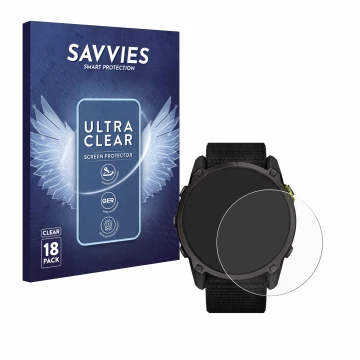 Parte frontal de un envase de producto con el logotipo de la marca Savvies. Al lado se muestra el dispositivo Garmin Enduro 3 