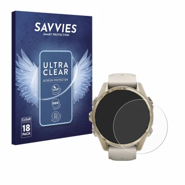 Parte frontal de un envase de producto con el logotipo de la marca Savvies. Al lado se muestra el dispositivo Garmin Fenix 8 (