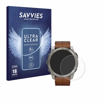 Parte frontal de un envase de producto con el logotipo de la marca Savvies. Al lado se muestra el dispositivo Garmin Fenix 8 A