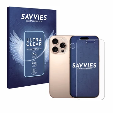 Parte frontal de un envase de producto con el logotipo de la marca Savvies. Al lado se muestra el dispositivo Apple iPhone 16 