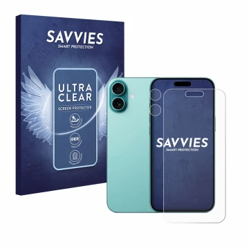 Parte frontal de un envase de producto con el logotipo de la marca Savvies. Al lado se muestra el dispositivo Apple iPhone 16 