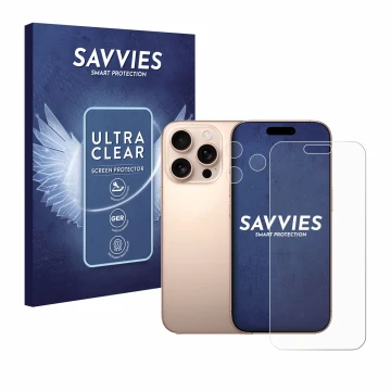 Parte frontal de un envase de producto con el logotipo de la marca Savvies. Al lado se muestra el dispositivo Apple iPhone 16 