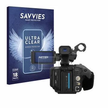 Parte frontal de un envase de producto con el logotipo de la marca Savvies. Al lado se muestra el dispositivo Sony PXW-Z200 co